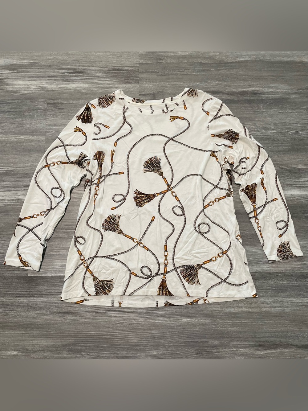 Chico's Equestrian Rope & Tassel Print Long Sleeve Top Size 2 Preppy Old Money